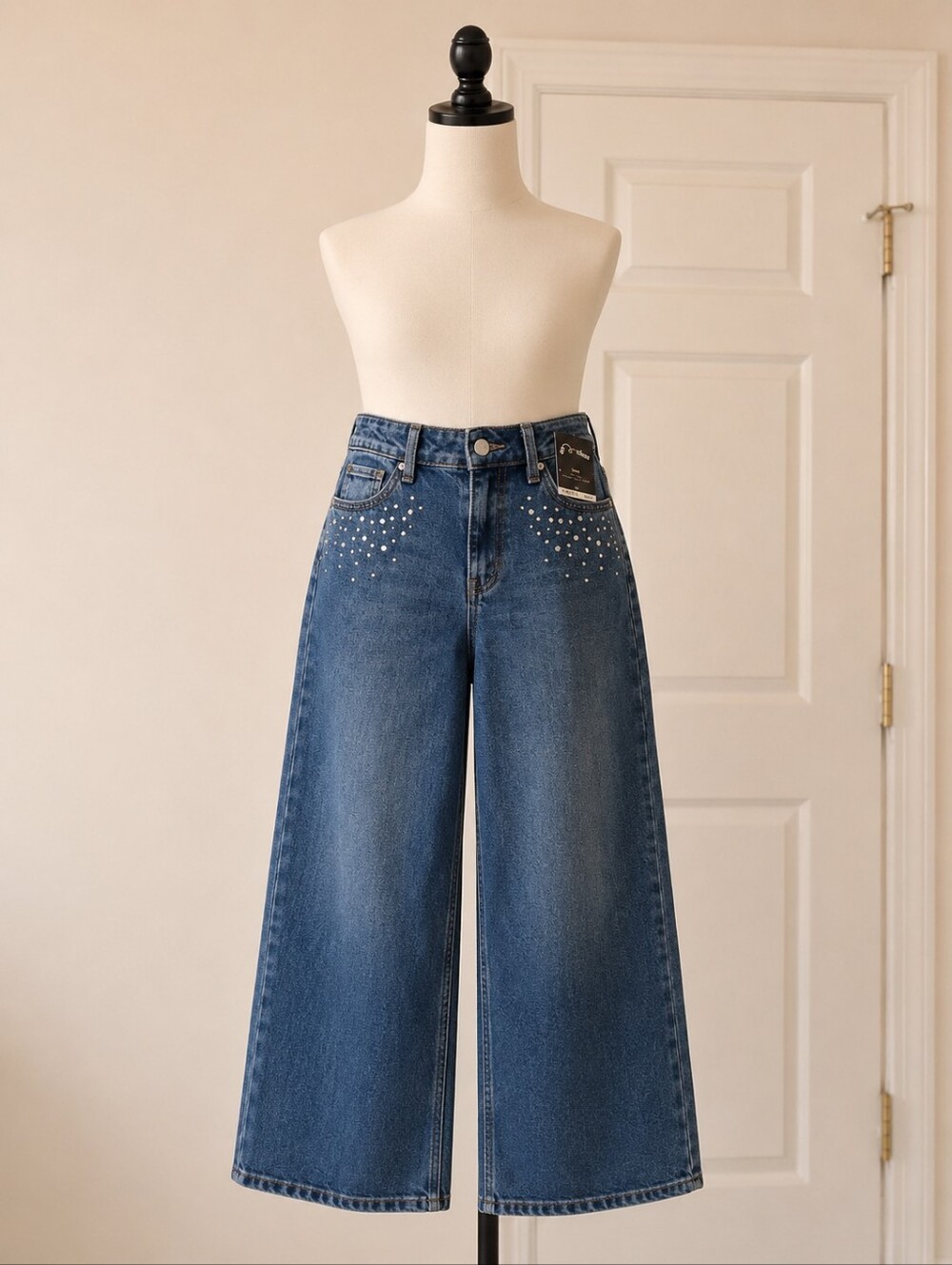 art class Dark Blue Wide-Leg Jeans with Silver Studs Girls